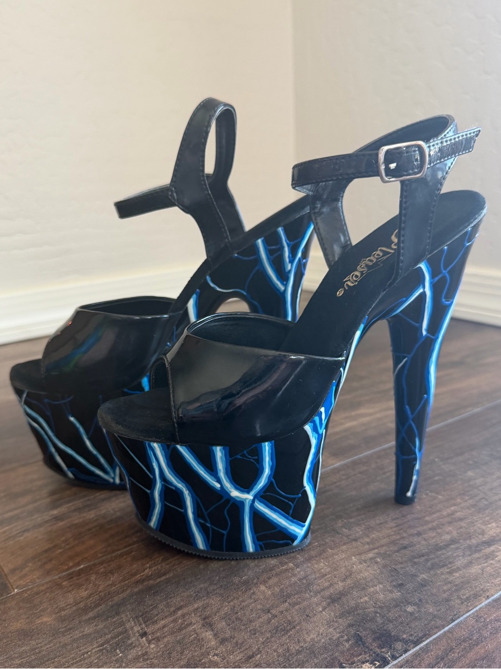 Black Pleaser Platform Heels with Blue Lightning Accent